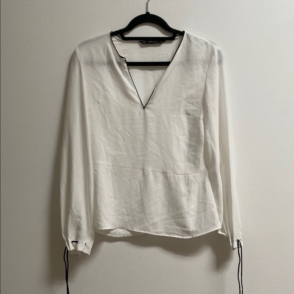 Zara V-Neck Contrast Trim Chiffon Blouse XS